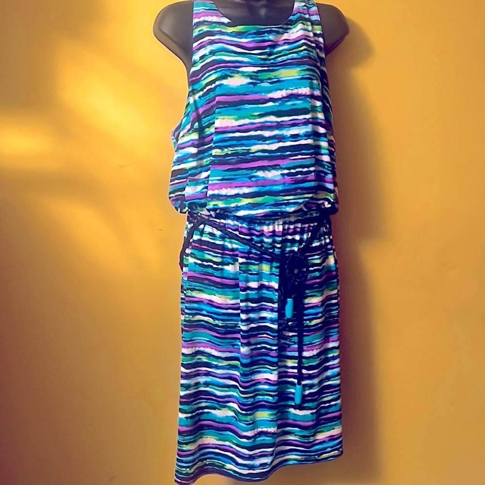 Paper doll brand striped purple, teal, white with black rope tie size 1X